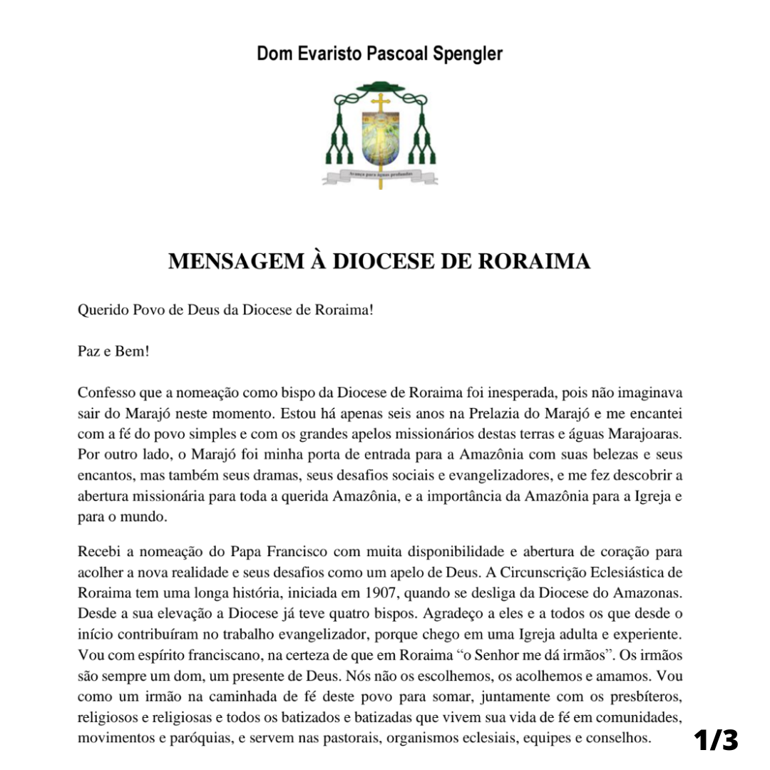 Mensagem de Dom Evaristo Spengler a Diocese de Roraima